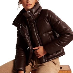 Abercrombie & Fitch Vegan Leather Mini Puffer Brown Quilted Winter Jacket Fall